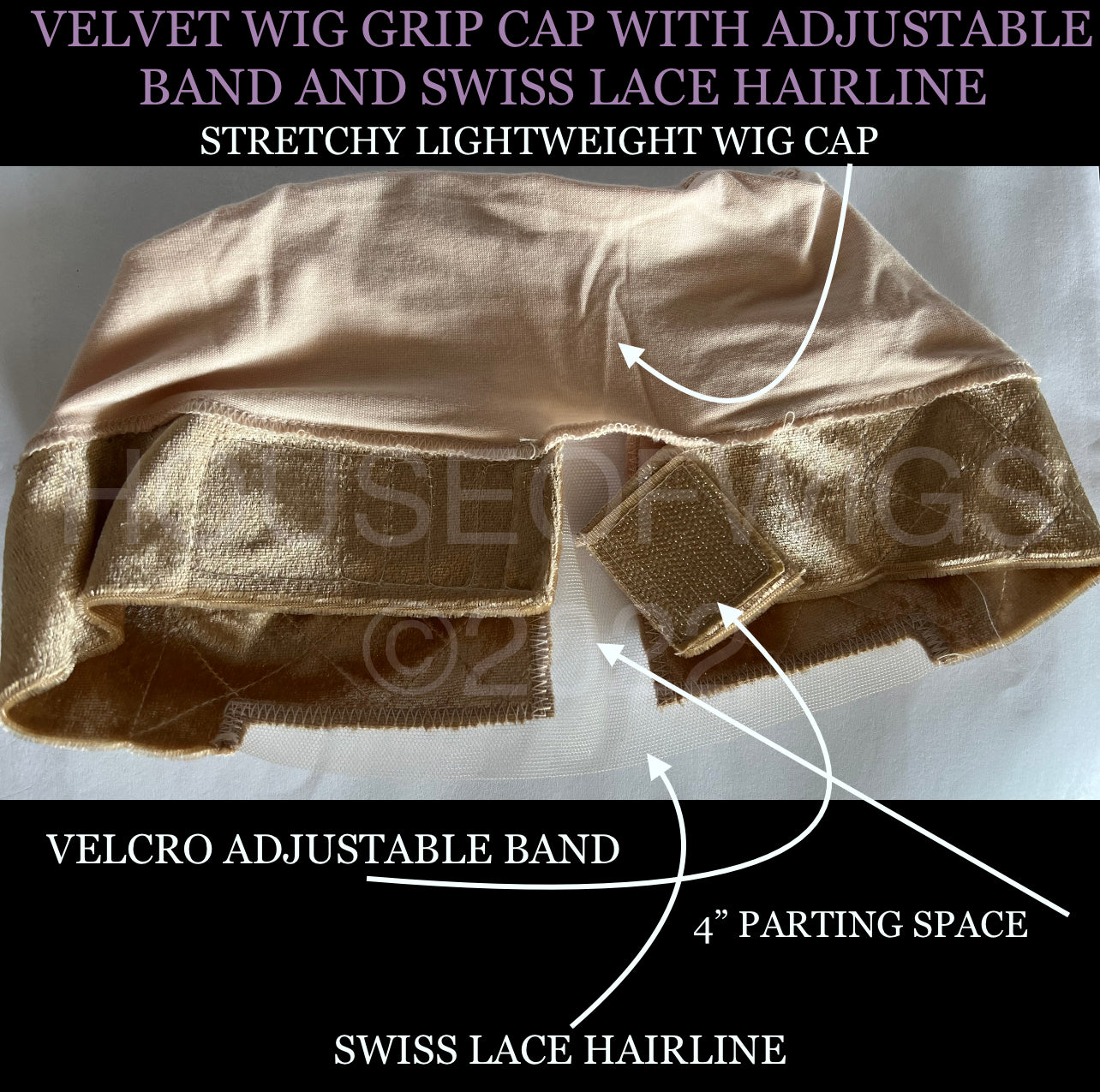 Velvet Wig Grip Cap with Adjustable Band Swiss Lace House of